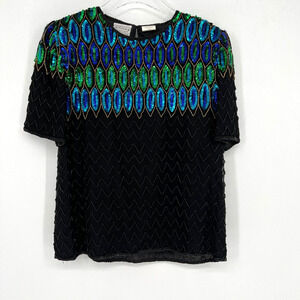 Vintage Stenay Top Women's S Silk Beaded Sequin Blue Green Geometric